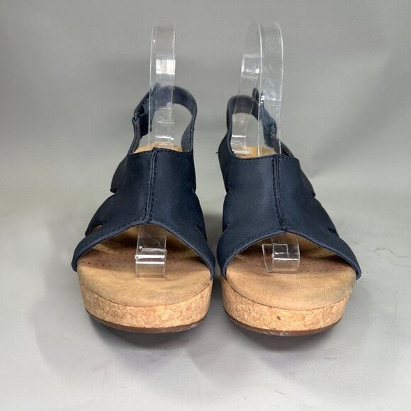 Clarks Sandals Women's Size 8.5 Blue Leather Cork Wedge Platform‎ Adjustable - Picture 2 of 14